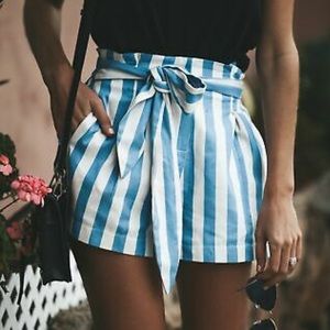 Women's Casual High Waisted Striped Tie Shorts